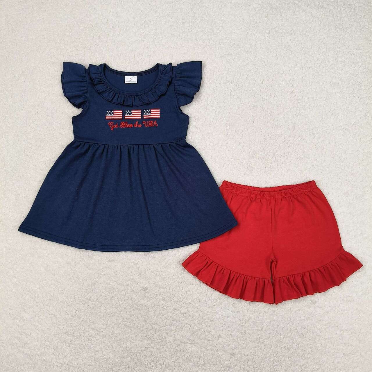 July Of 4th Embroidered Navy flag Girls Suit Summer Set
