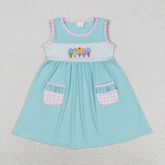 Blue ice cream embroidered sleeveless with pockets Girls Dress