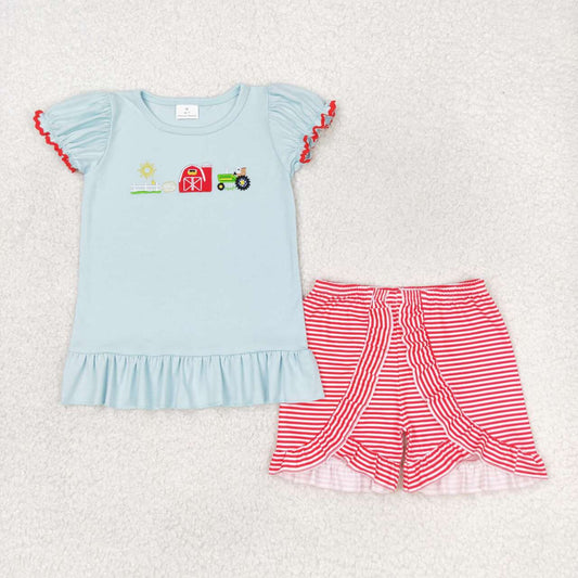 blue farm embroidery Girls Suit