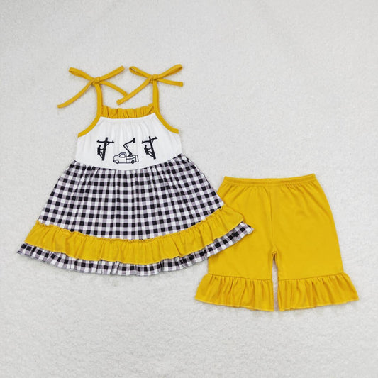 Black and white plaid yellow shorts print Girls Suit