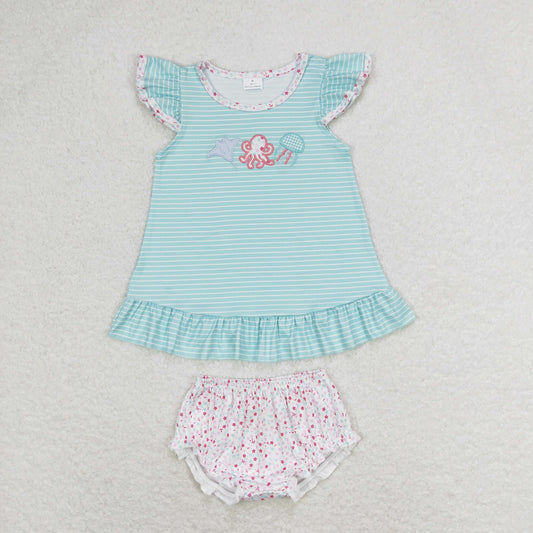 blue striped octopus embroidery Girls's Bummies