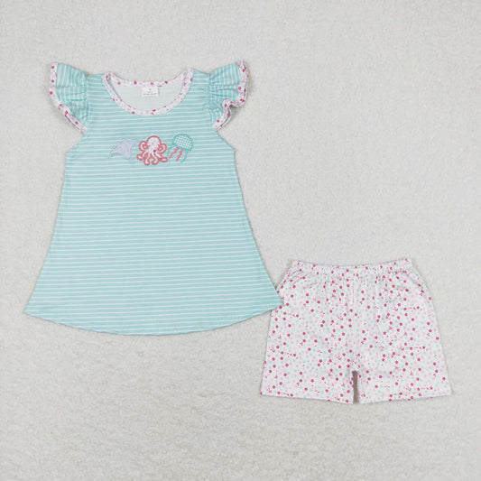 blue striped squid embroidery Girls Suit