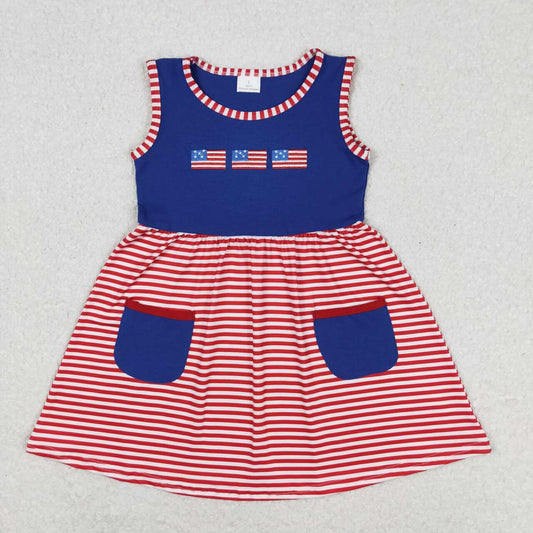 july of 4th red stripe flag embroidered sleeveless Girls Dress