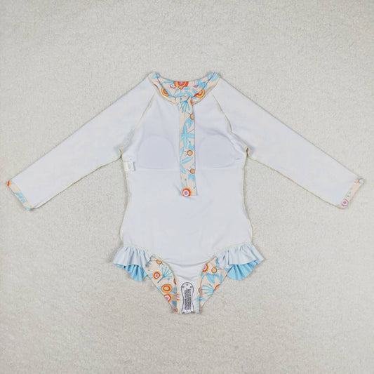 2pc blue flower long sleeve Swimsuit