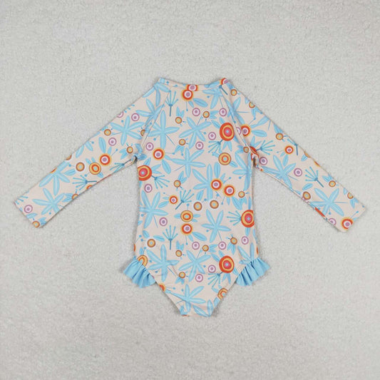2pc blue flower long sleeve Swimsuit