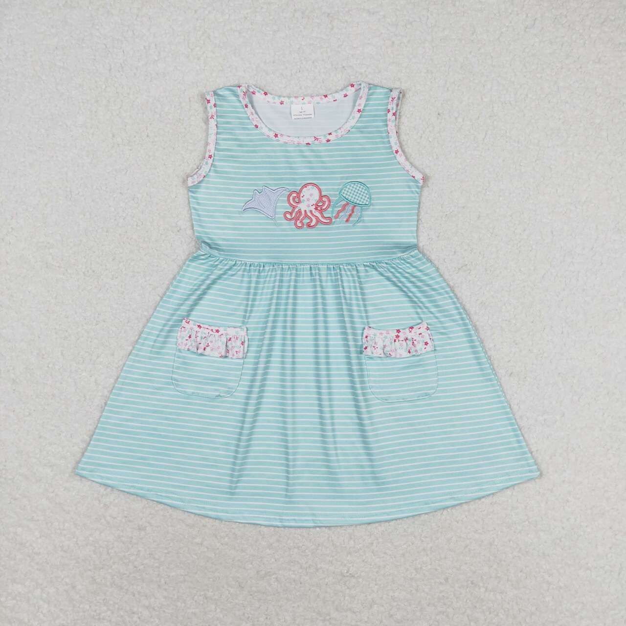 Blue Striped Octopus embroidery Sleeveless Girls Skirt