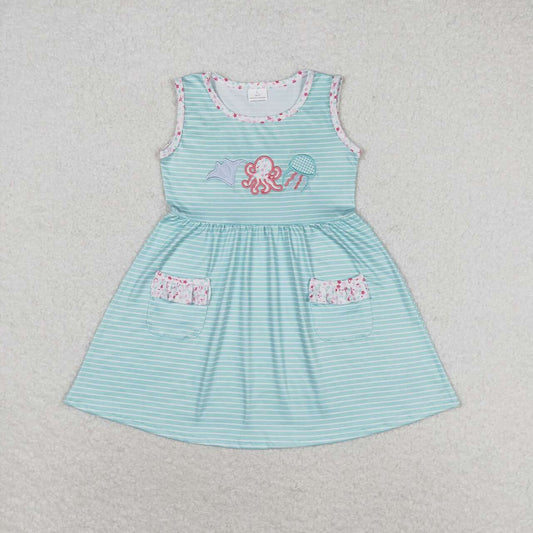 Blue Striped Octopus embroidery Sleeveless Girls Skirt