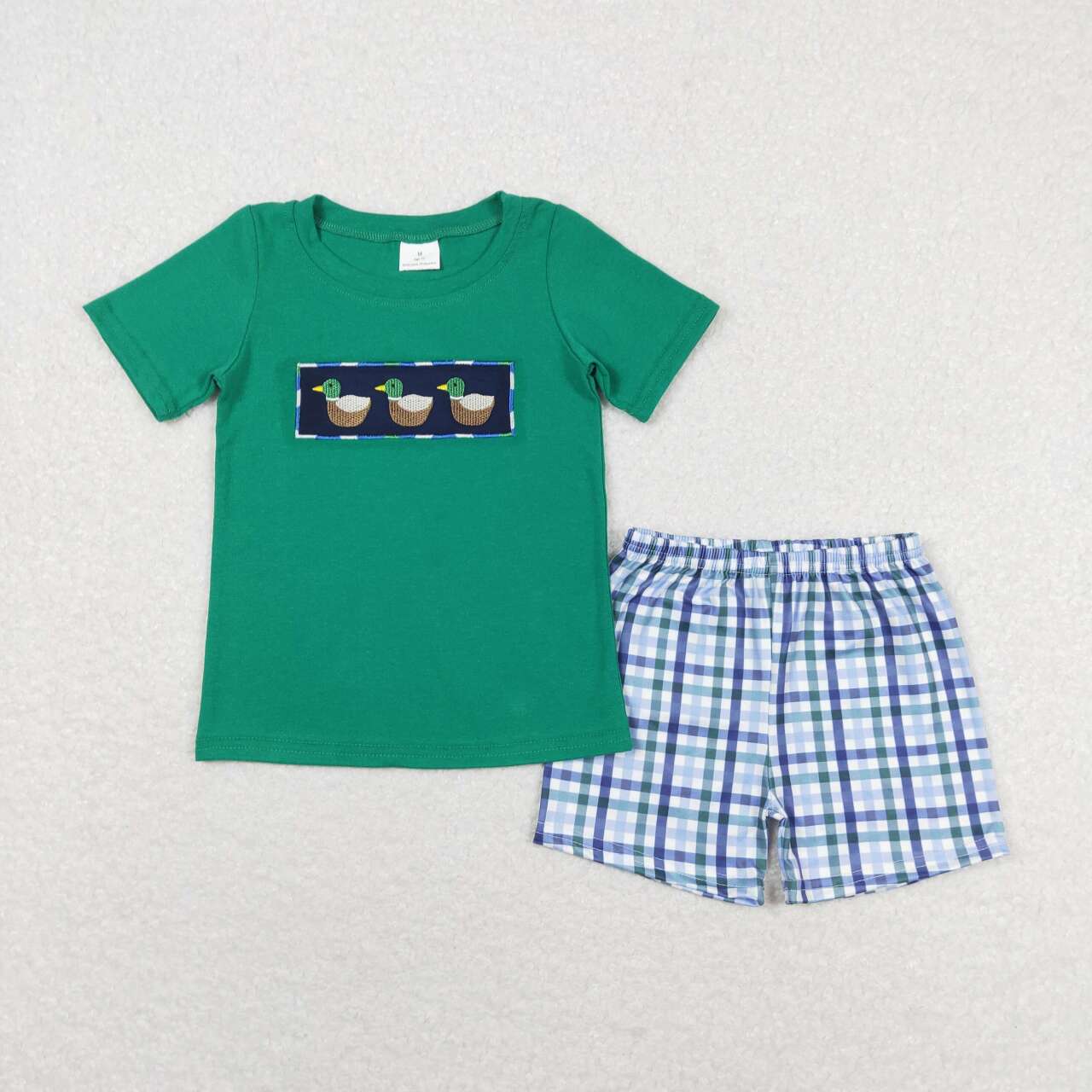 Green Duck embroidery plaid print Boy Set