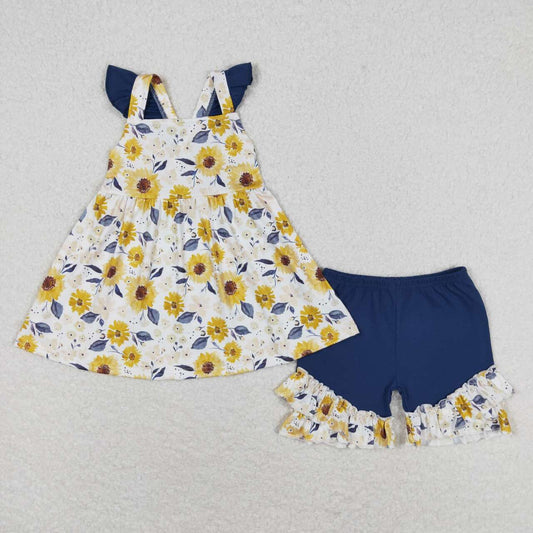 Yellow flower navy shorts Girls Set