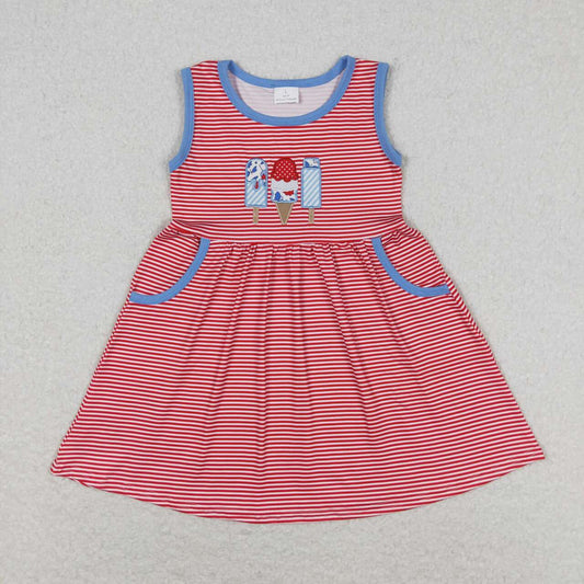 july of 4th red stripe embroidered ice cream sleeveless Girls Dress