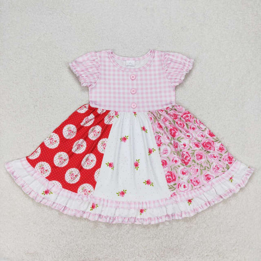 pink plaid flower short sleeve Girls Dress