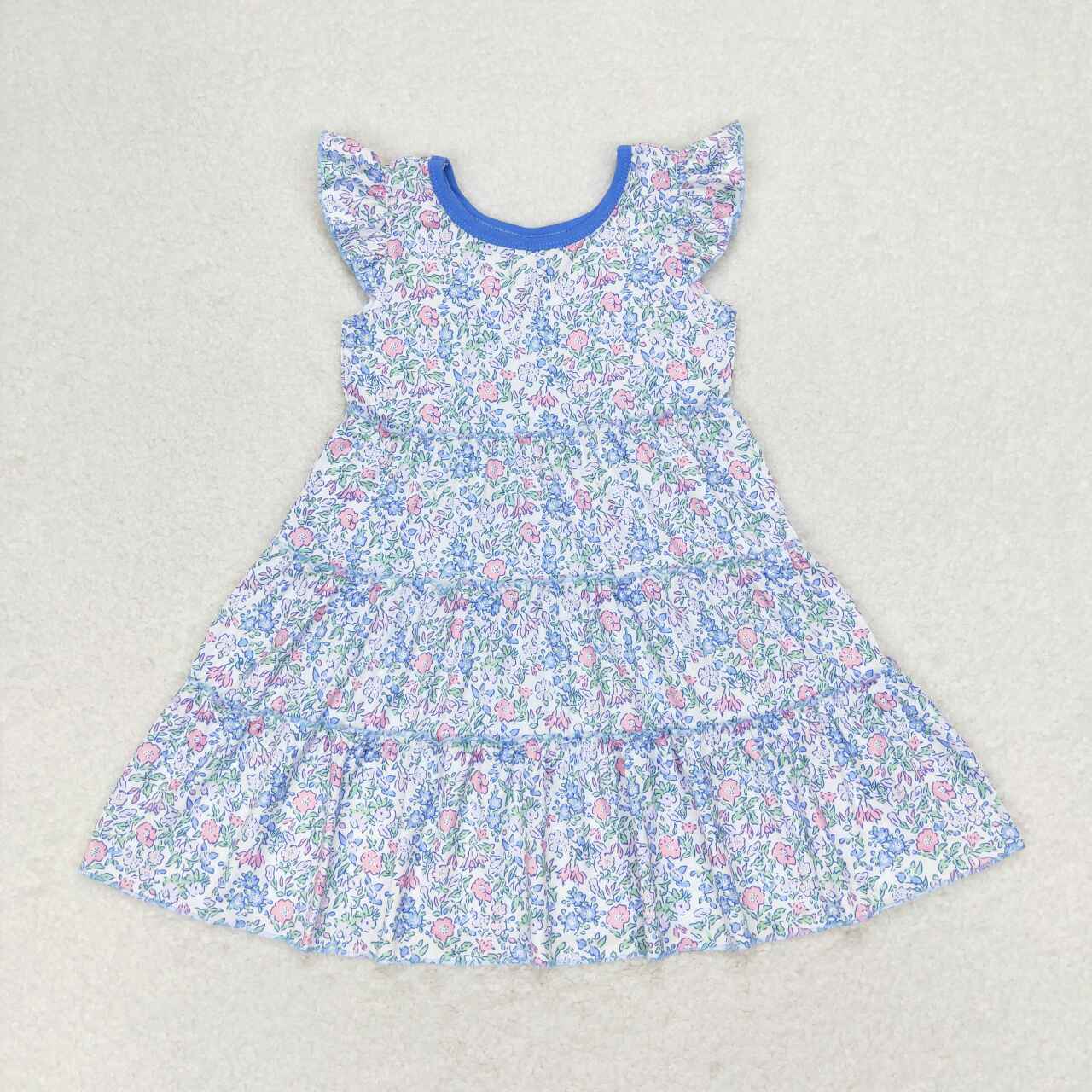 Blue flower tier print flutter sleeve Dress