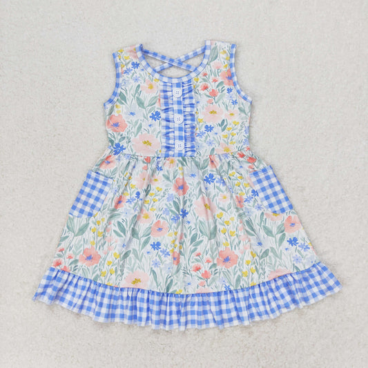 Floral blue plaid sleeveless with pockets Girls Dress