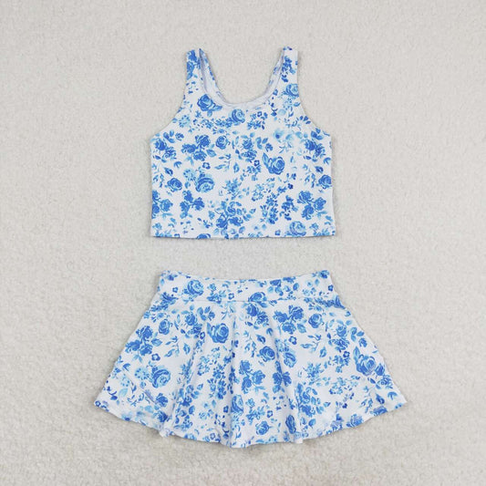 Blue flower print sleeve Swimsuit