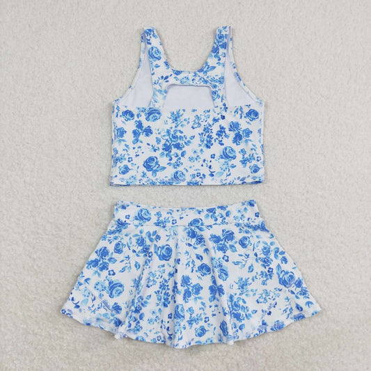 Blue flower print sleeve Swimsuit
