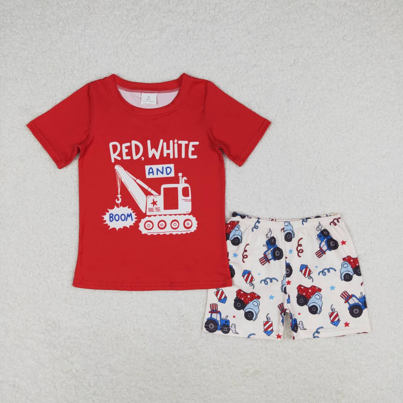 Red excavator print short sleeve boy set