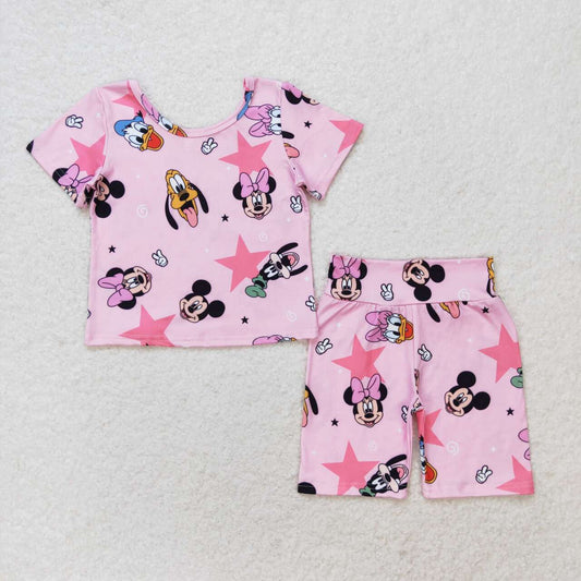 Pink cartoon Short sleeve Summer Girls Set
