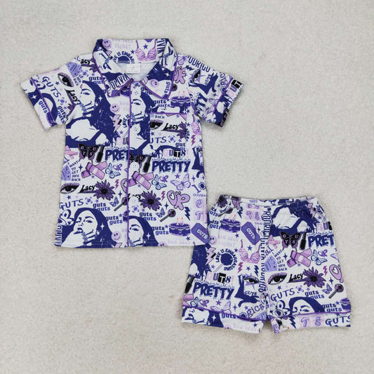 Blue With Button Short Sleeve Short Pajamas