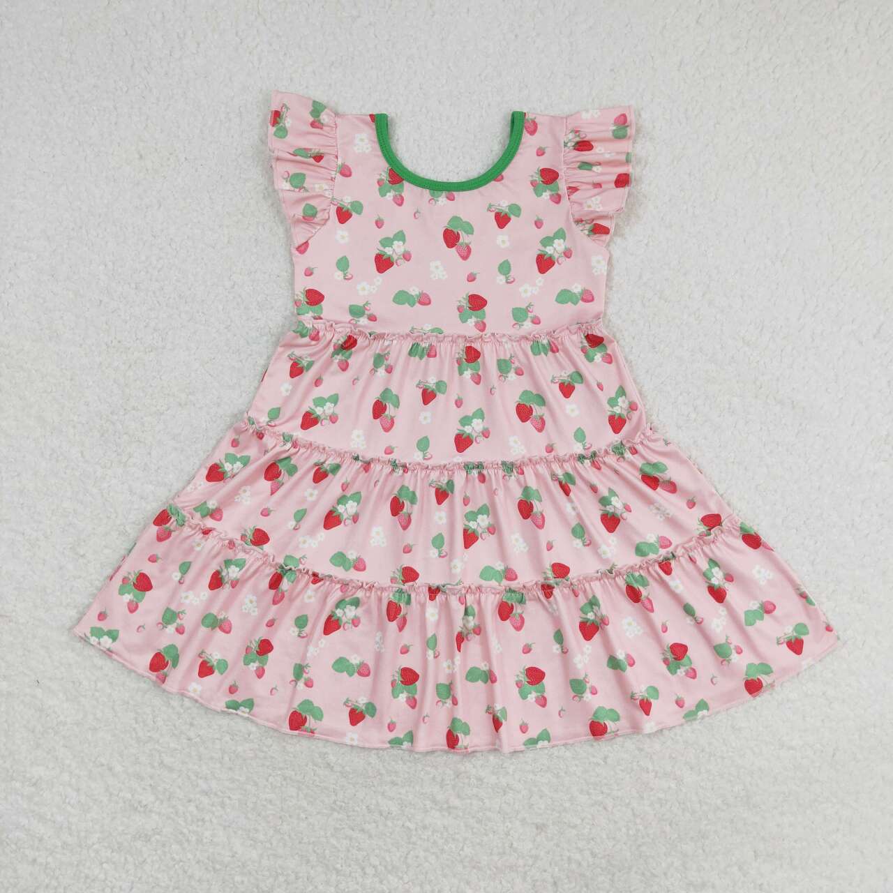 pink strawberry tier print flutter sleeve Dress