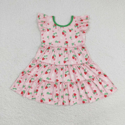 pink strawberry tier print flutter sleeve Dress