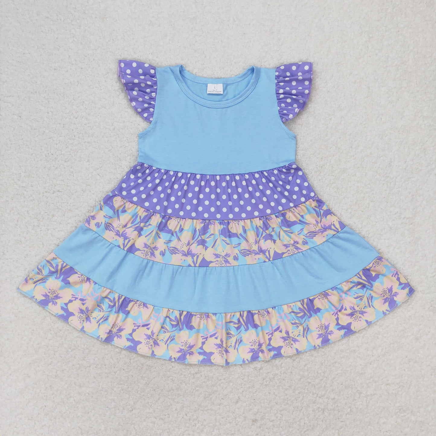Blue flower dots tier print flutter sleeve Dress