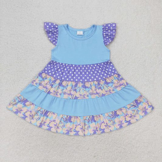 Blue flower dots tier print flutter sleeve Dress