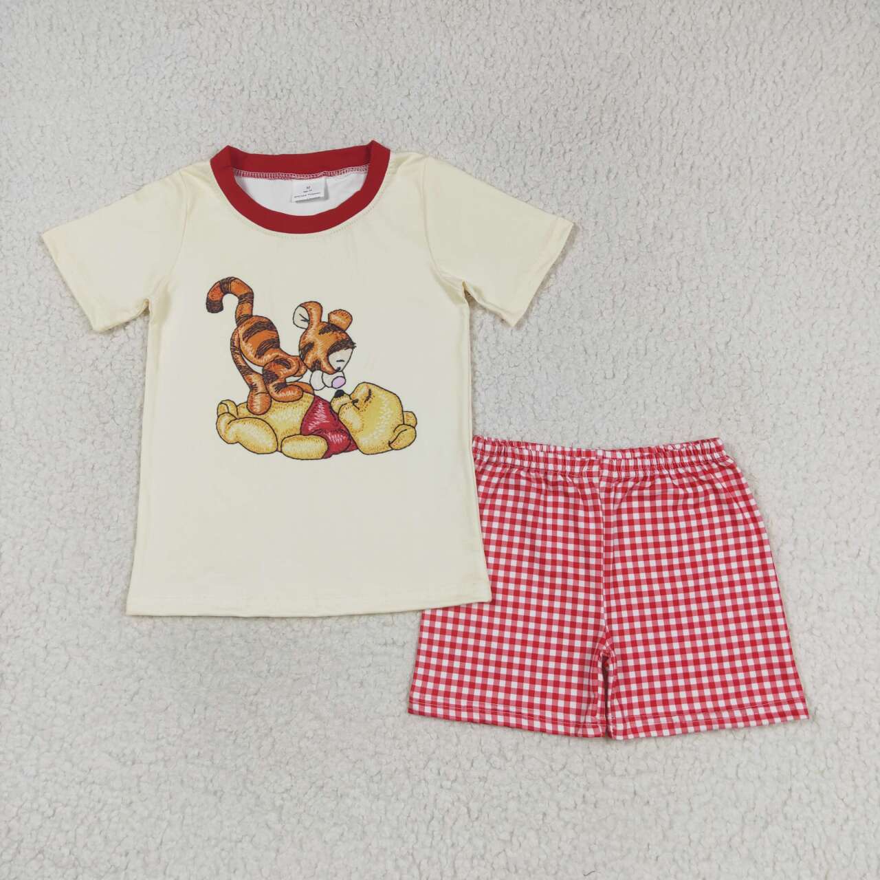 bear print Red Plaid short sleeve set