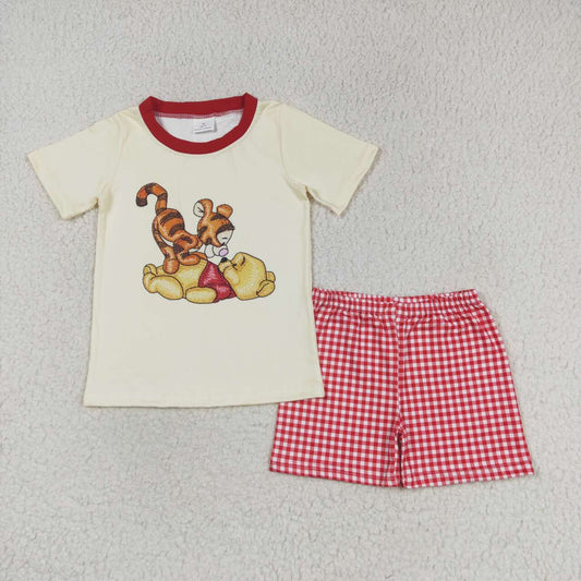 bear print Red Plaid short sleeve set