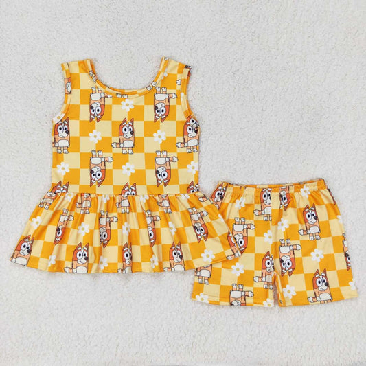 Orange Cartoon Dog Print Summer Girls Set