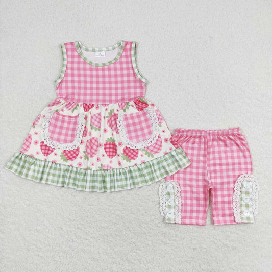 Pink plaid strawberry with pocket Girls Set