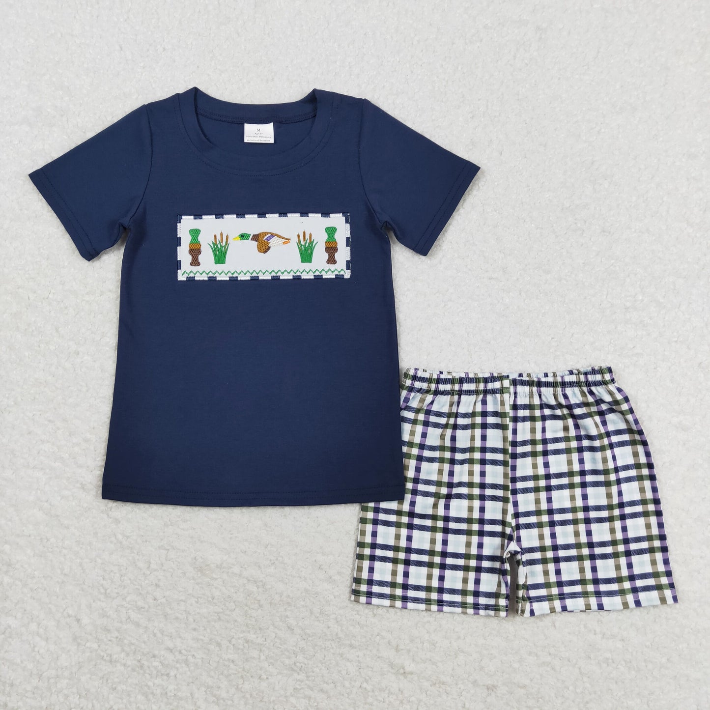 Navy Embroidered Duck Plaid Boy Set