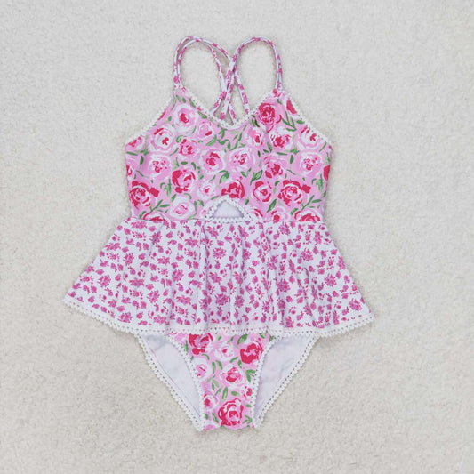 Pink flower one piece print Swimsuit