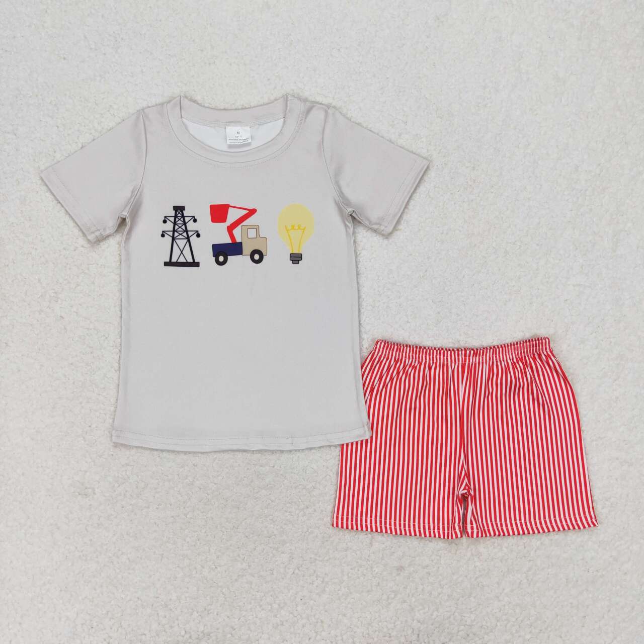 Grey print short sleeve Red Plaid boy set
