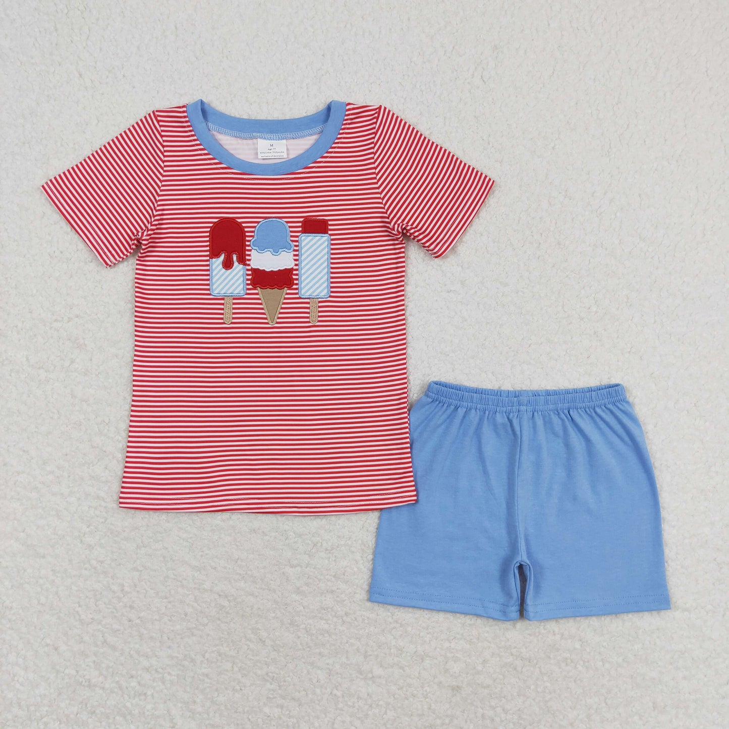 Red striped embroidered ice cream Boy Set