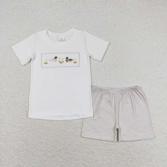 white Duck print short sleeve Red Plaid boy set