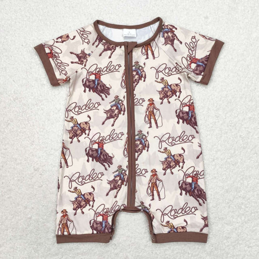 Western Cowboy Print Short Sleeve With Zipper Baby Romper
