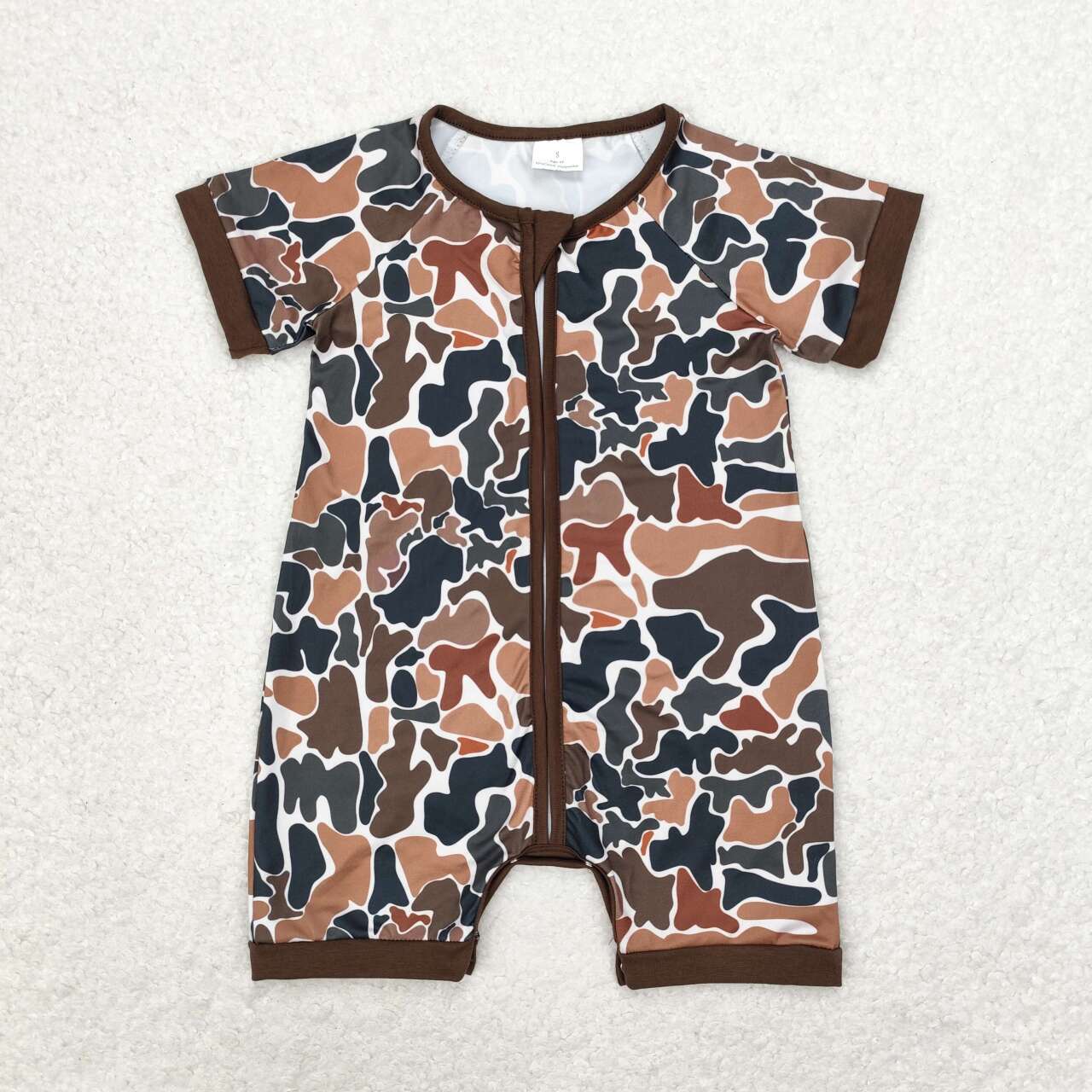 brown Camo Print Short Sleeve With Zipper Baby Romper