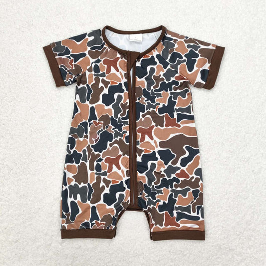 brown Camo Print Short Sleeve With Zipper Baby Romper