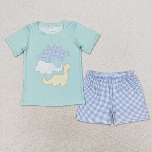 blue dinosaur embroidery Boy Set