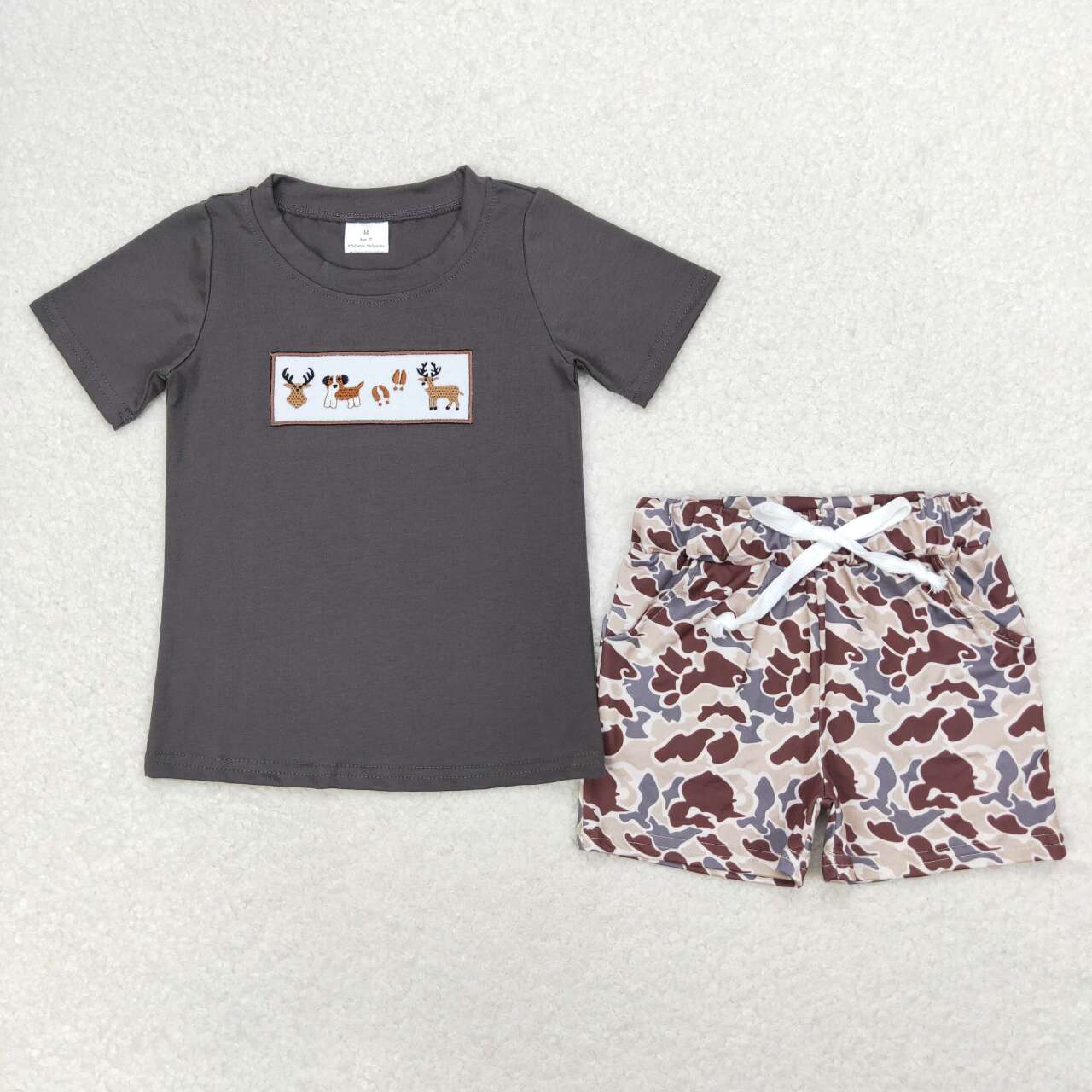 Gray camo embroidered deer Boy Set