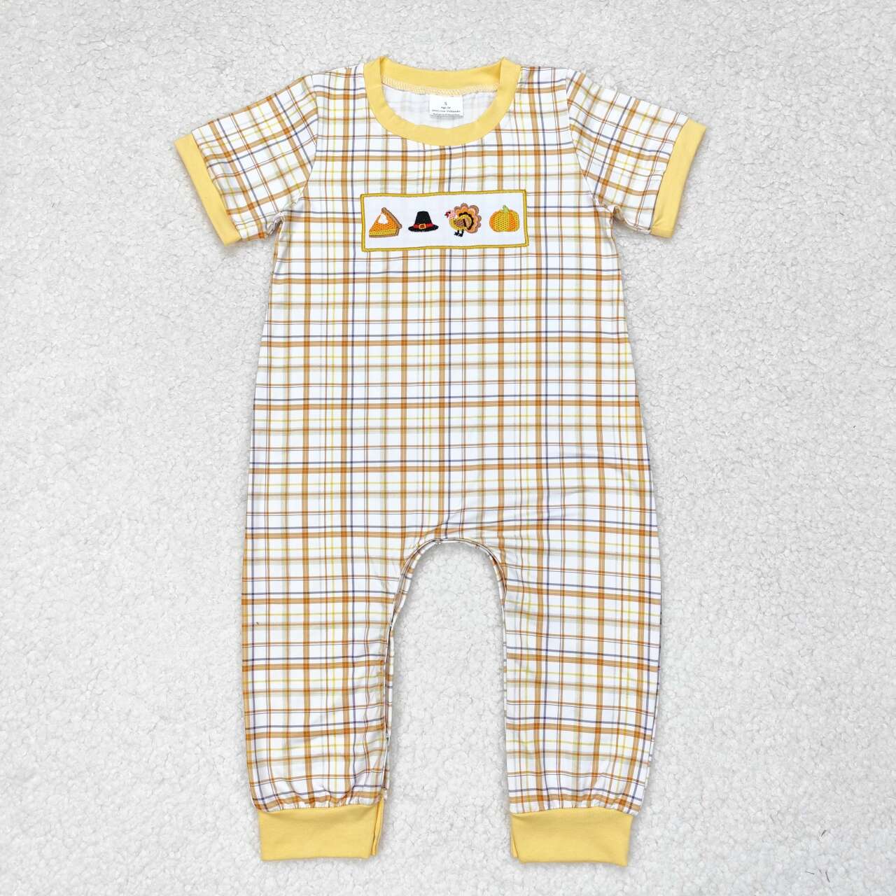 thanksgiving plaid turkey embroidery Baby romper