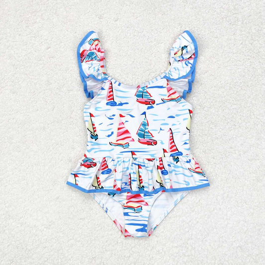 2pc blue sailboat Print printing Swimsuit