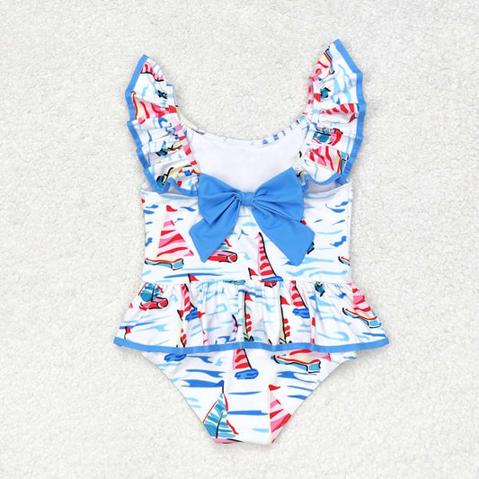 2pc blue sailboat Print printing Swimsuit