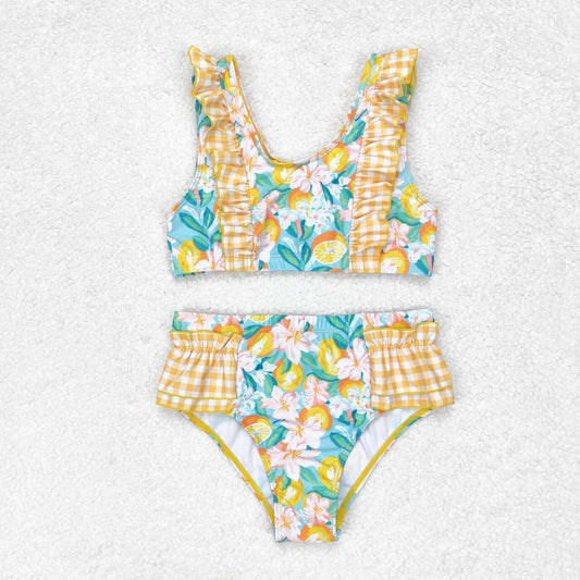2pc Yellow plaid orange flowers print long sleeve Swimsuit
