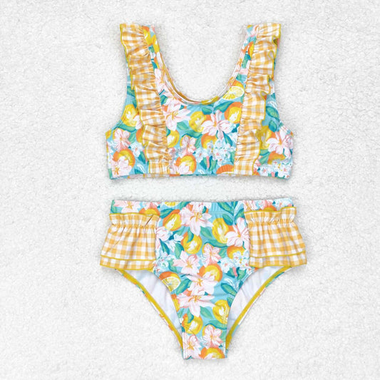 2pc Yellow plaid orange flowers print long sleeve Swimsuit