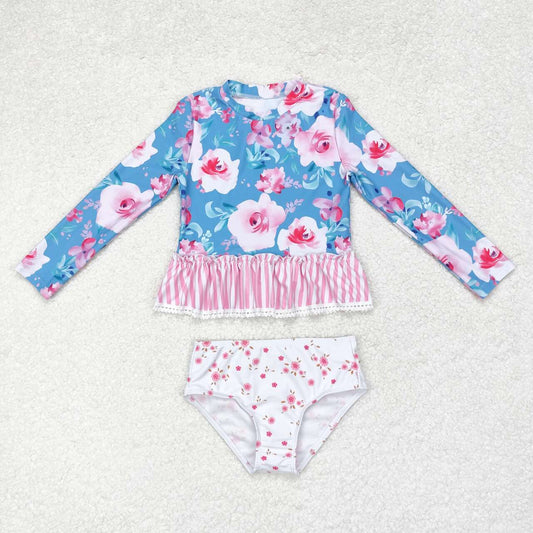 2pc Blue flowers print long sleeve Swimsuit