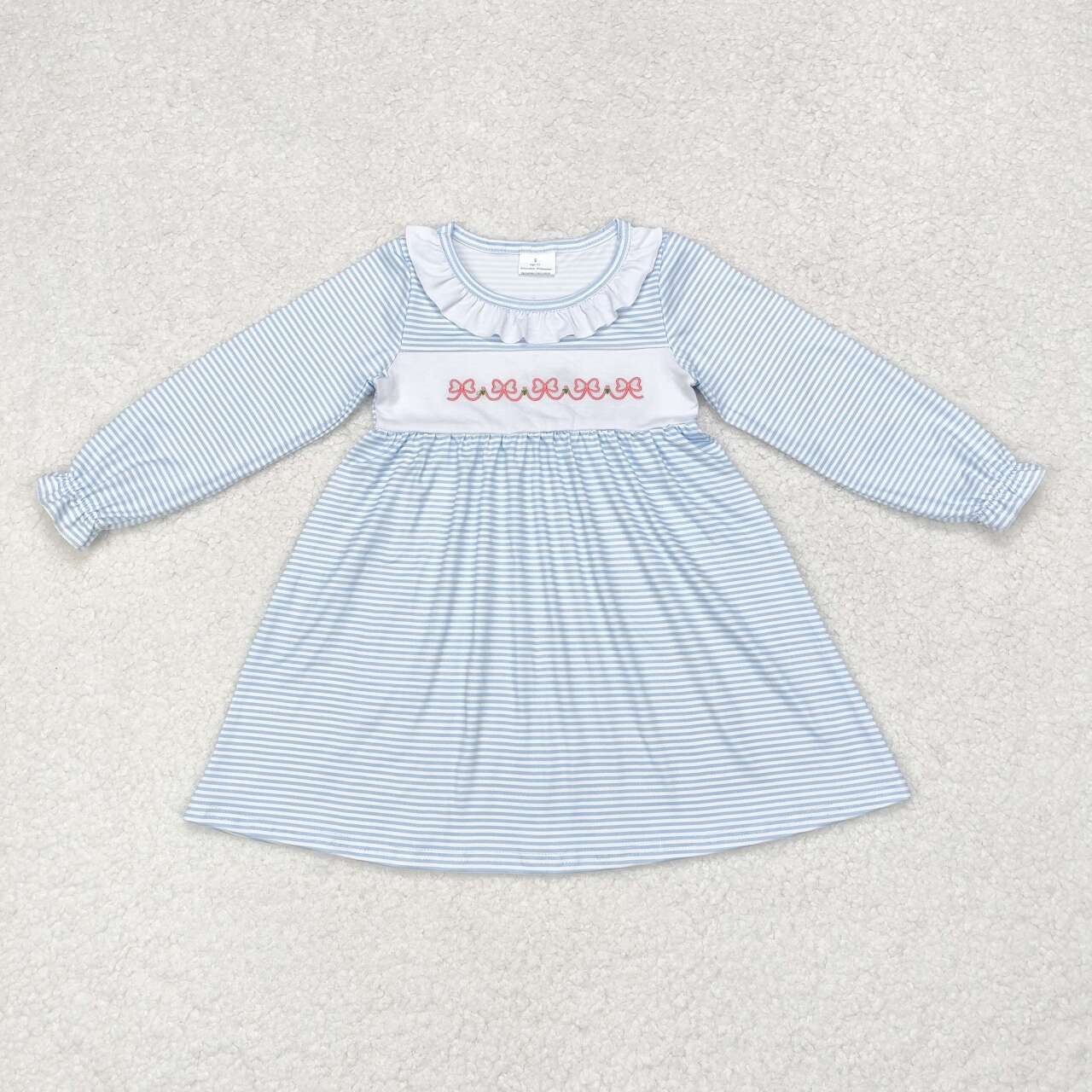 Floral Embroidery Blue stripe Girls Dress