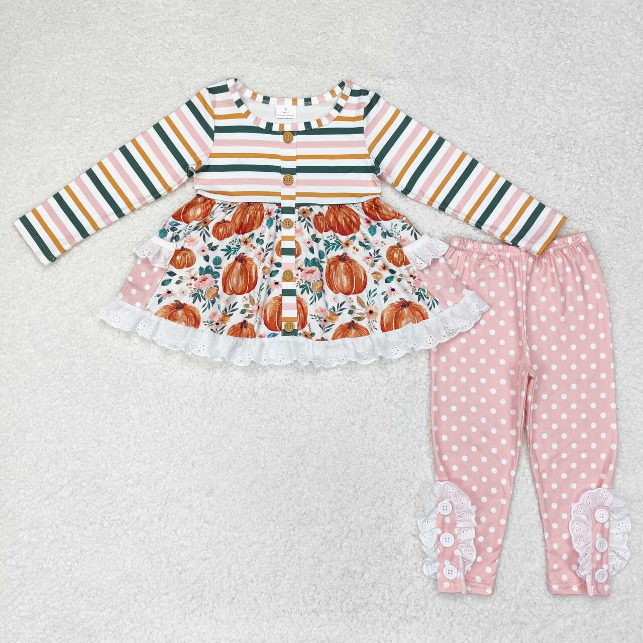 Fall Pink pumpkin dots Long Sleeve Long Pants Girls Suit