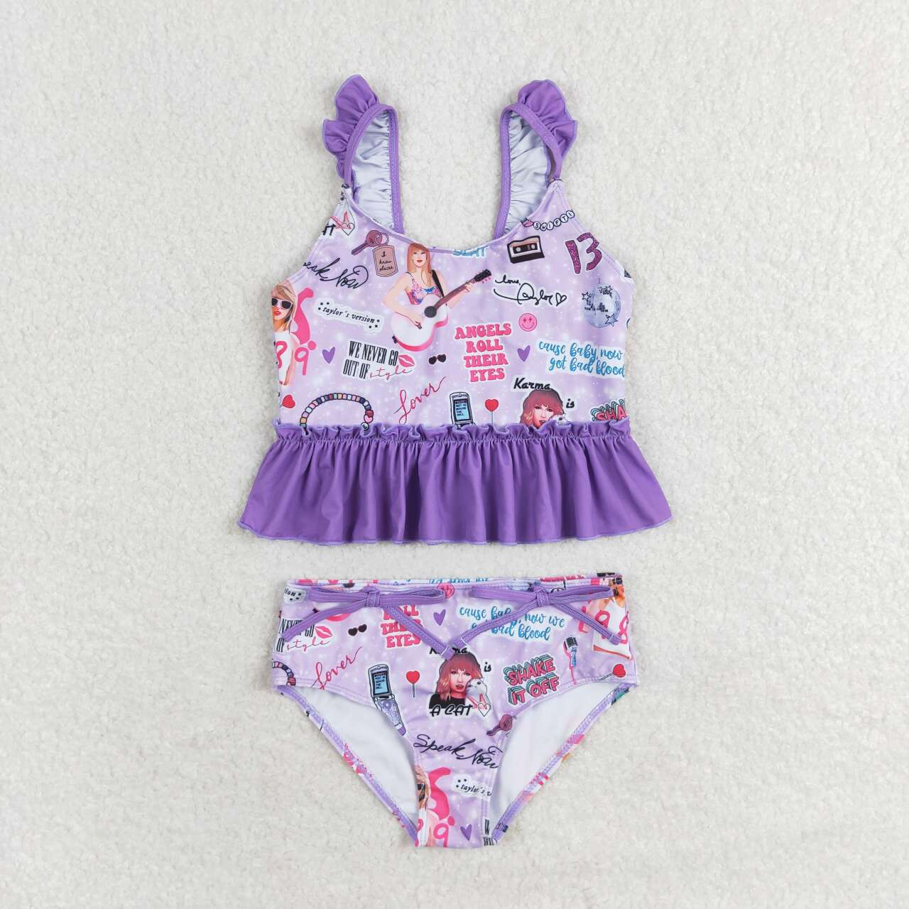 2pc purple print short sleeve Swimsuit