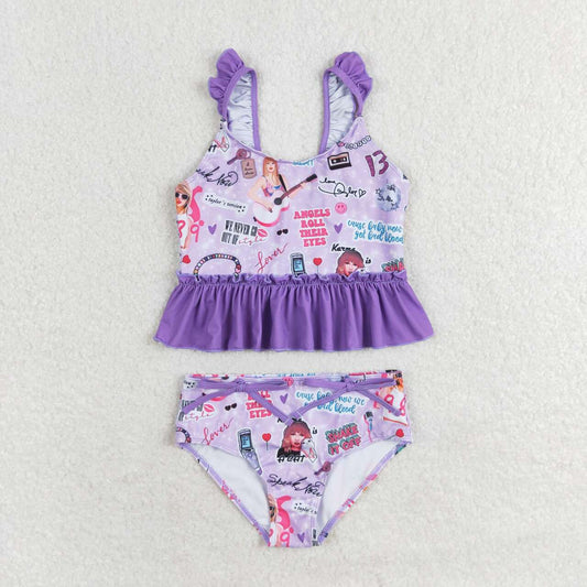 2pc purple print short sleeve Swimsuit